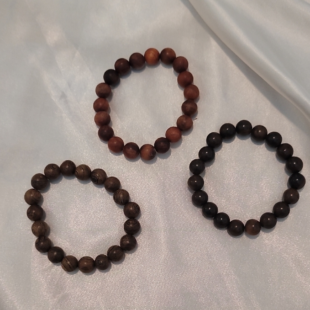 Set of 3 Wooden Bead Stretch Bracelets - Brown Tones